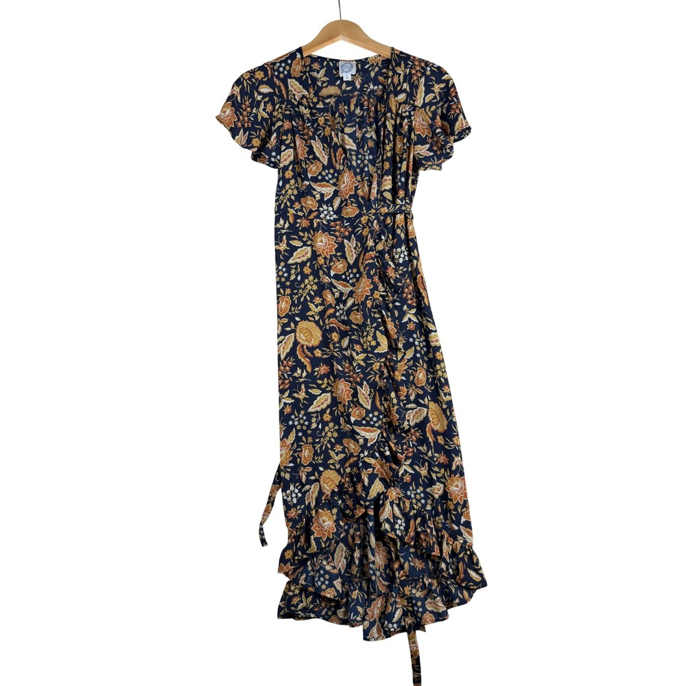 Blue Rain Floral Print Wrap Maxi Dress size XS Blue/Orange